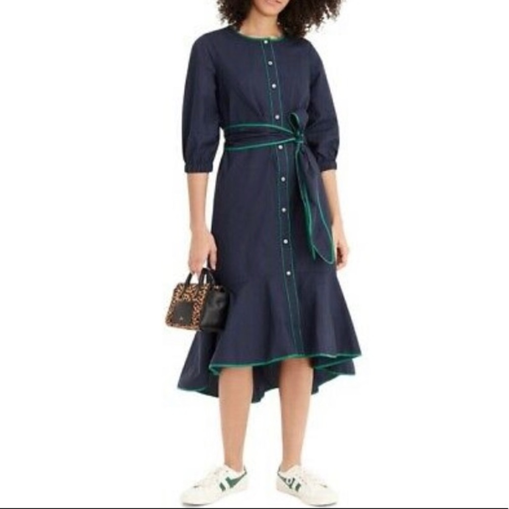 J. Crew Navy Dress with Green Trim and Self-Tie Belt
